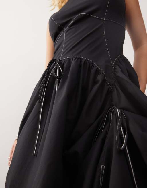 COLLUSION poplin midi dress with hitch bubble skirt in black, 3 of 4