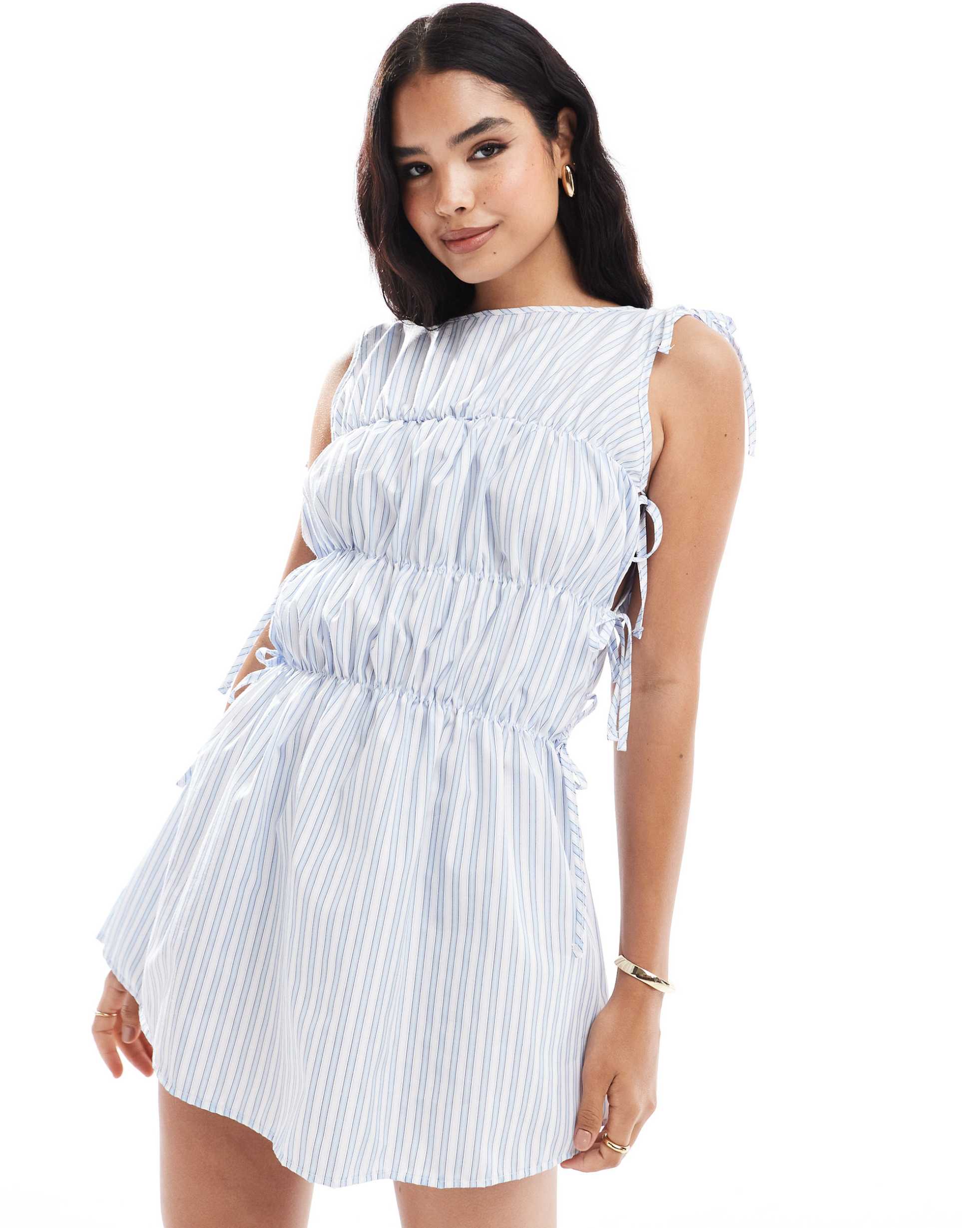 collusion poplin mini dress with shirred tie detail in mixed blue stripe