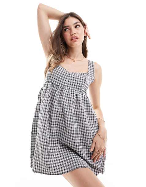 COLLUSION poplin mini smock dress with notch neck in check - view 1