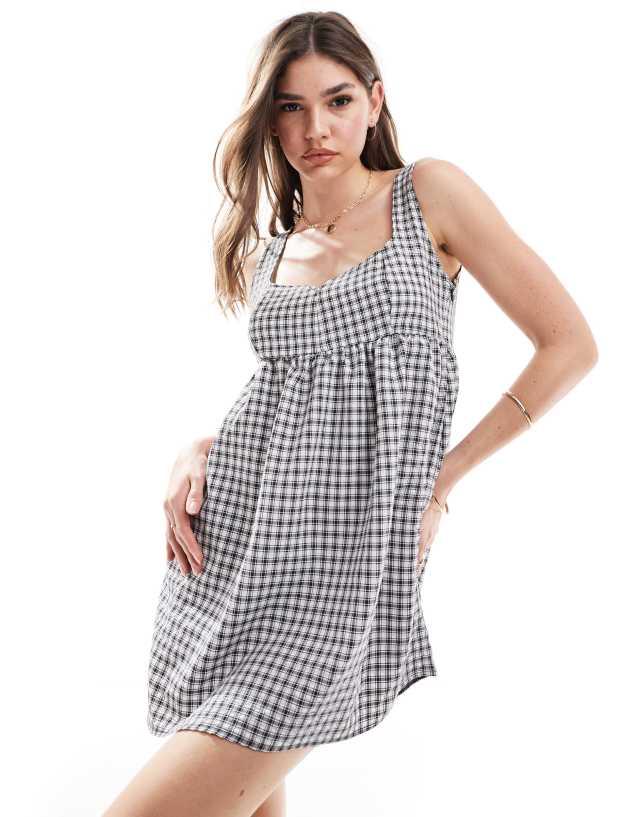 Collusion - poplin mini smock dress with notch neck in check