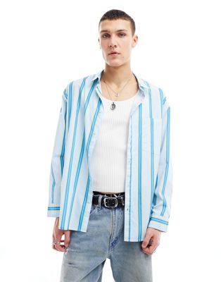 poplin oversized long sleeve shirt in blue stripe-Multi