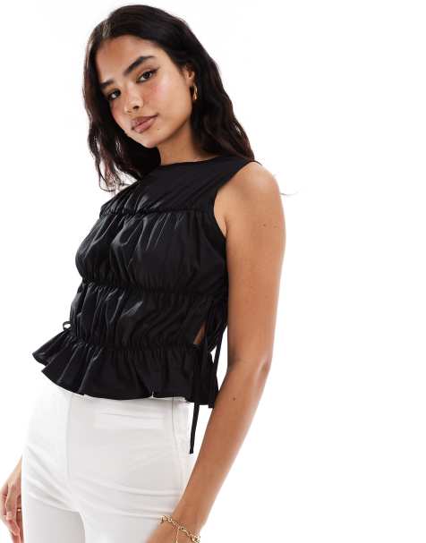 COLLUSION poplin shirred tank top with tie side in black - view 1