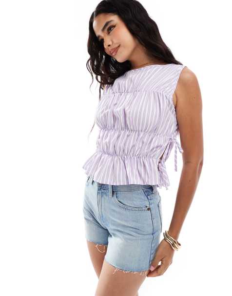 COLLUSION poplin shirred tank top with tie side in lilac stripe - view 1