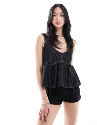 poplin smock top with tie detail in black-No color