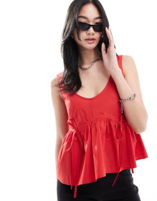 Collusion Poplin Smock Top With Tie Detail In Red-no Color