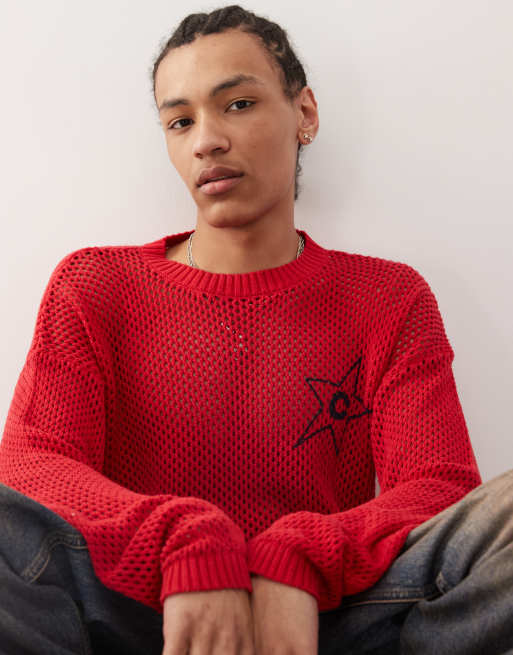 COLLUSION printed crochet knit sweater in red