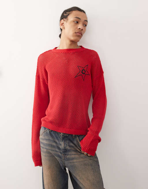 COLLUSION printed crochet knit sweater in red