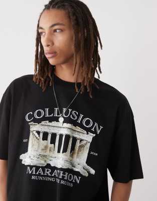 Collusion Printed Graphic Skater Fit T-shirt-black