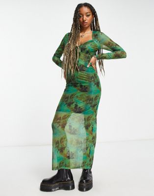COLLUSION printed long sleeve cup detail maxi dress in green  - ASOS Price Checker