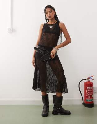 Collusion COLLUSION printed mesh festival short sleeve midi dress in black