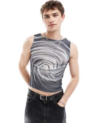 Collusion Printed Muscle Mesh Tank Top With Swirl Print-multi