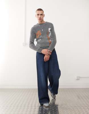 Collusion Printed Ribbed Sweater In Blue