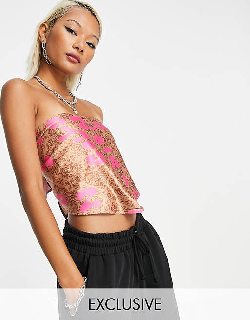 COLLUSION printed satin scarf top in brown and pink