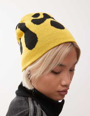 Collusion Printed Skull Cap Beanie In Yellow