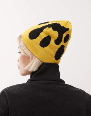 Collusion Printed Skull Cap Beanie In Yellow