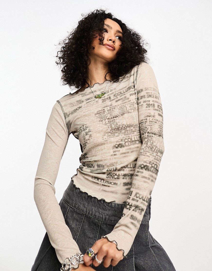COLLUSION printed slash neck long sleeve top in stone-Neutral