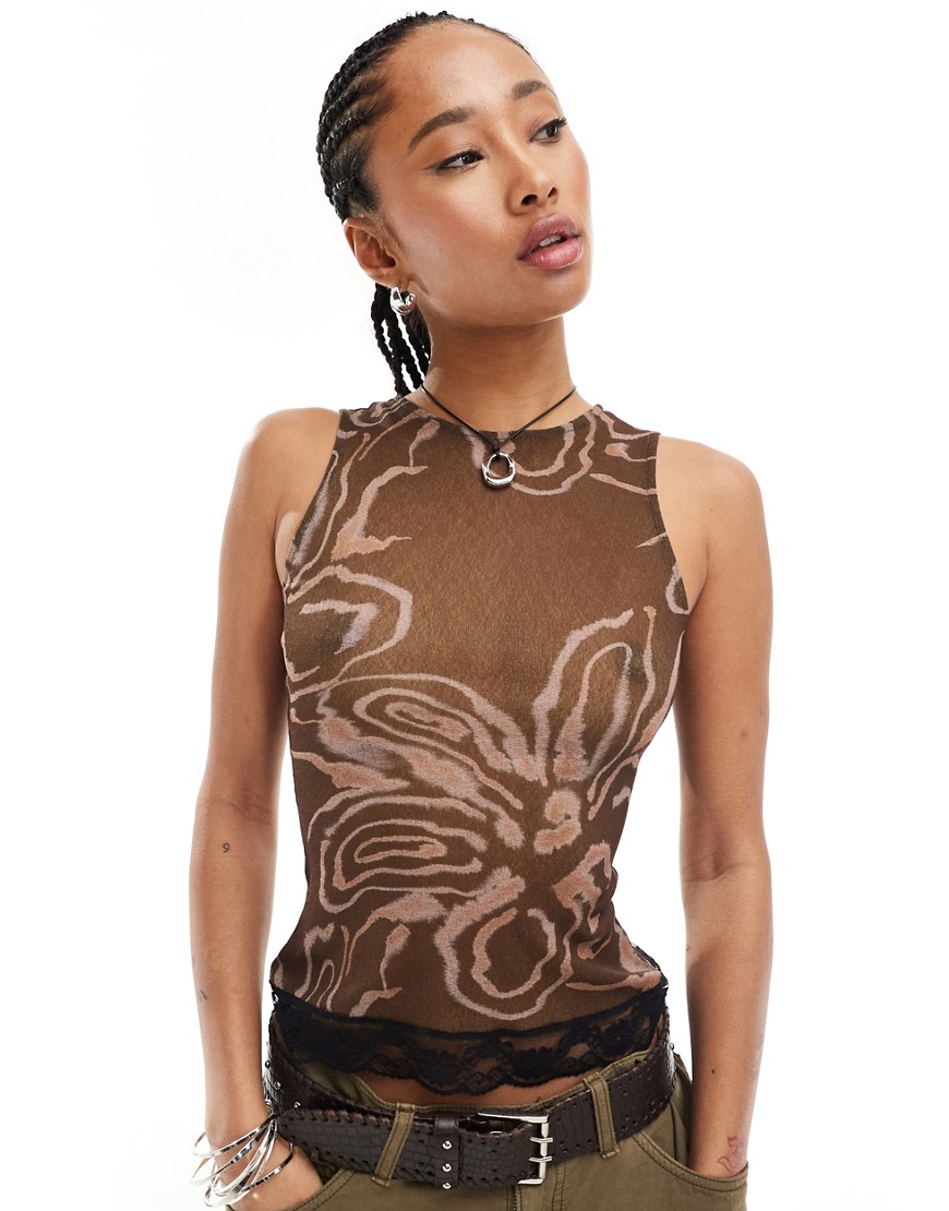 COLLUSION printed vest with lace trim in brown