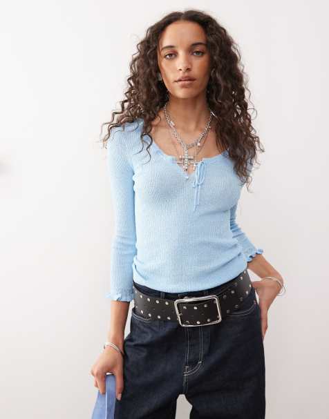 COLLUSION sheer knitted long sleeve top in baby blue