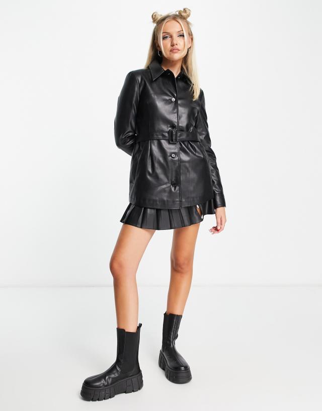 COLLUSION PU belted shacket in black