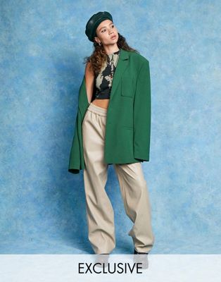 COLLUSION faux leather wide leg trousers with boxer waistband in ecru