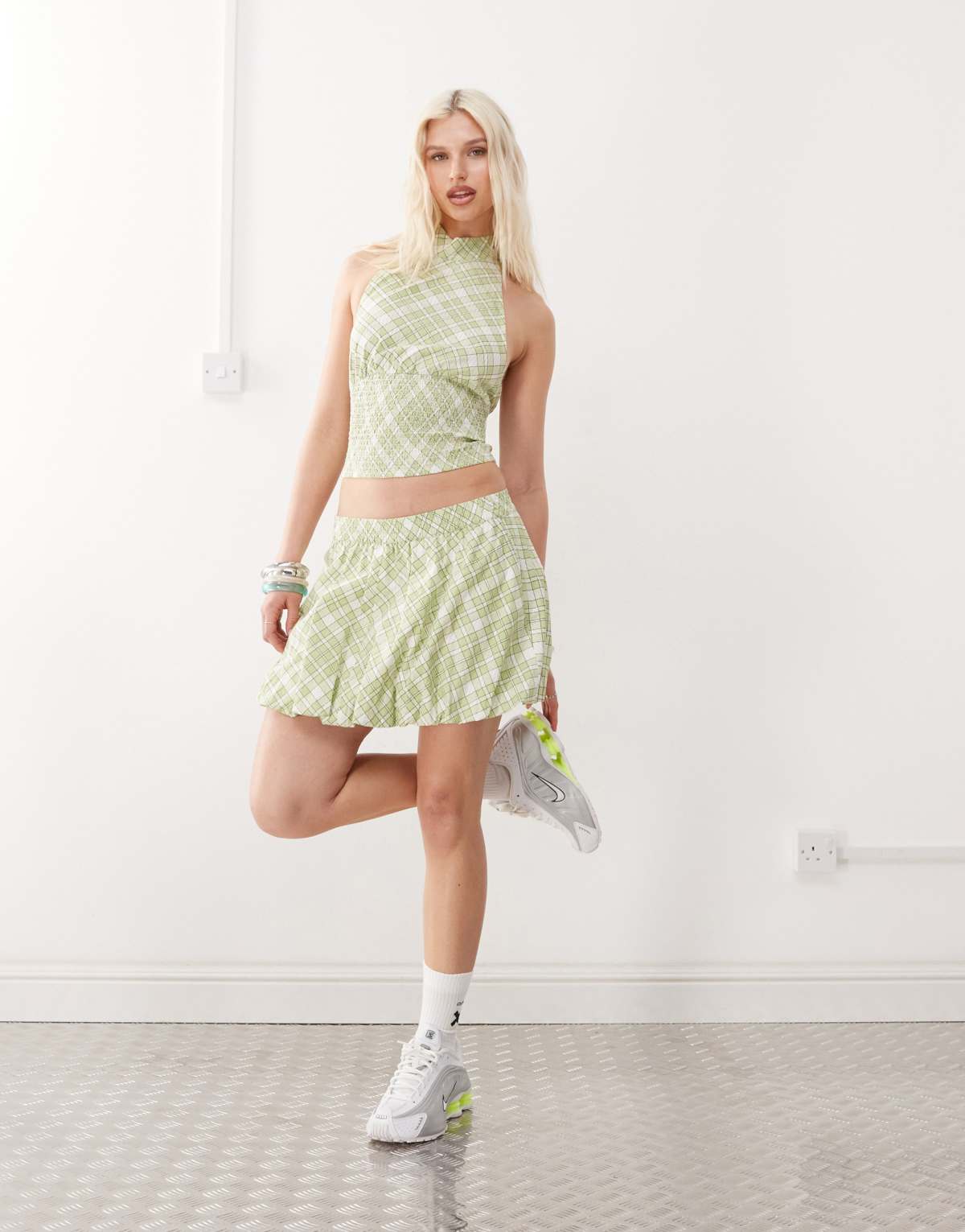 COLLUSION puff ball mini skirt co-ord in green check