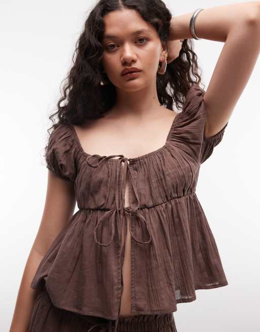 COLLUSION puff sleeve beach top co-ord in chocolate, 3 of 4