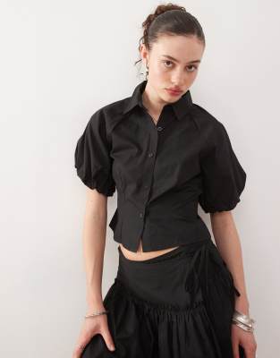 COLLUSION puff sleeve cinched shirt co-ord in black