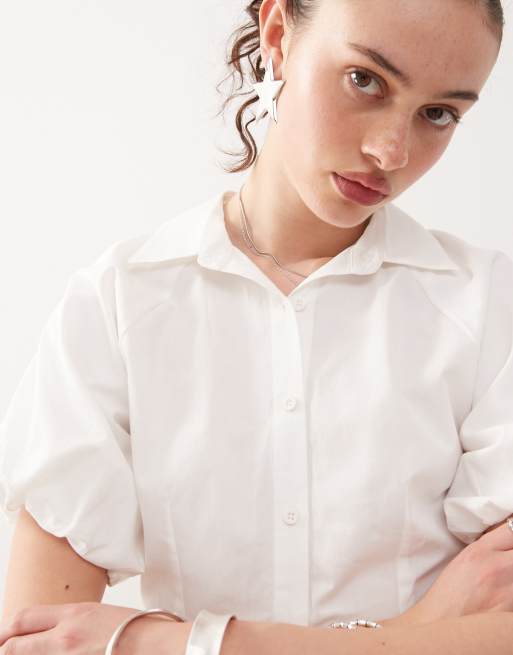 COLLUSION puff sleeve cinched shirt in white - part of a set, 3 of 4