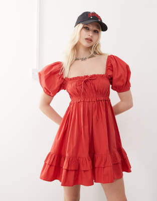 Collusion COLLUSION puff sleeve milkmaid mini dress in red