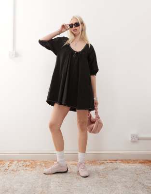 Collusion Puff Sleeve Mini Smock Swing Dress In Black