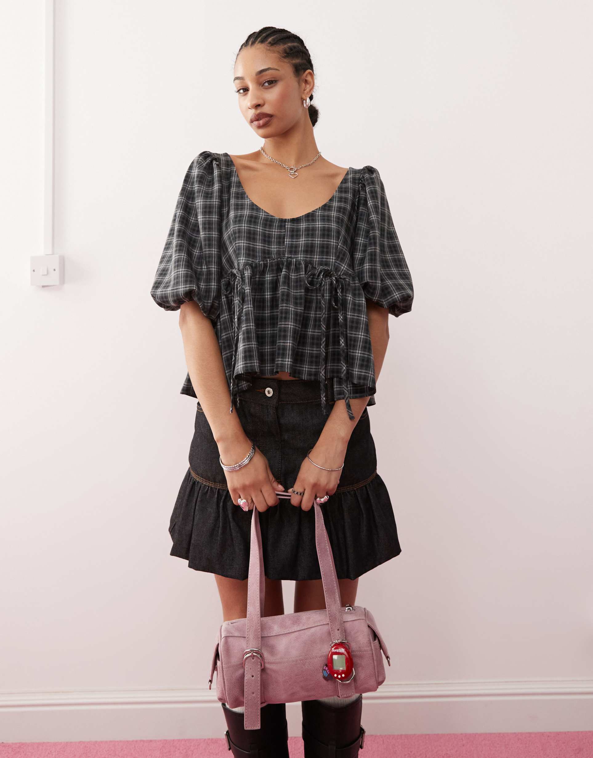 collusion puff sleeve smock top with bunny tie detail in gray plaid
