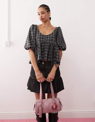 Collusion puff sleeve smock top with bunny tie detail in grey check