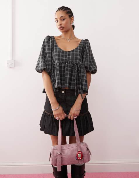 COLLUSION puff sleeve smock top with bunny tie detail in grey check - view 1