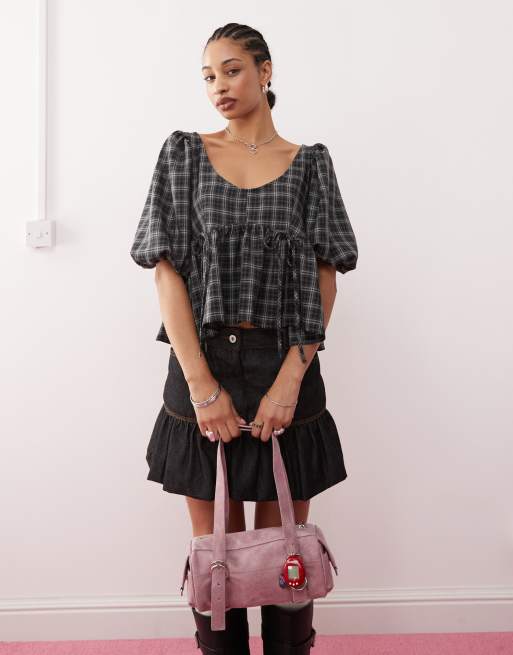 COLLUSION puff sleeve smock top with bunny tie detail in grey check