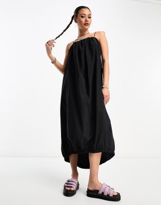 puffball drawstring strap maxi summer dress in black