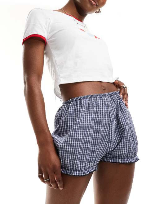  COLLUSION puffball micro shorts in blue check