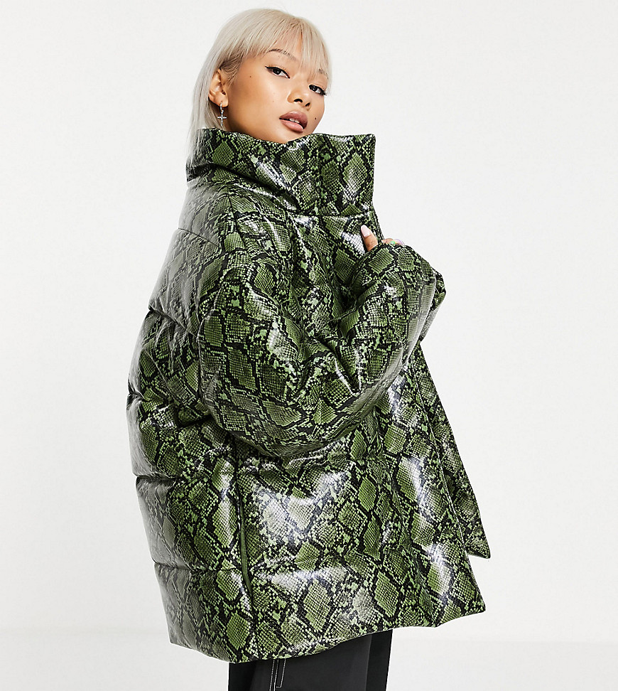 COLLUSION puffer jacket in high shine snake print-Green