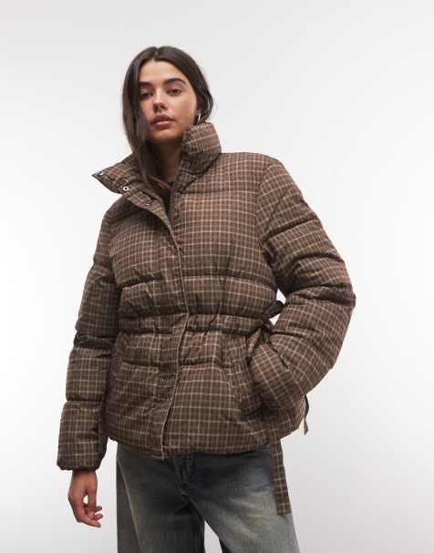 COLLUSION puffer jacket with bow trim in brown check - view 1