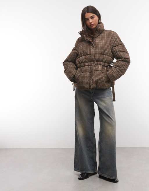 COLLUSION puffer jacket with bow trim in brown check, 2 of 4