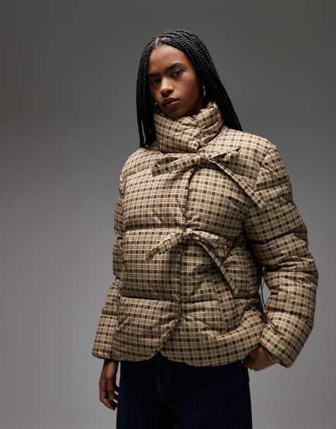 COLLUSION puffer with bow fastening in brown check - view 1