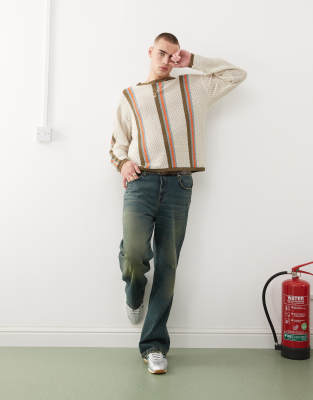 COLLUSION - Pull à col polo maille au crochet à rayures - Gris