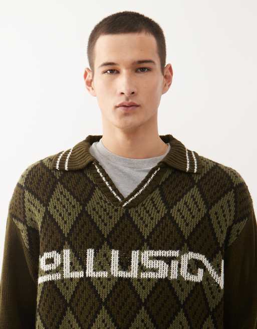 COLLUSION - Pull coupe carrée en maille à motif losanges - Vert, 5 de 5