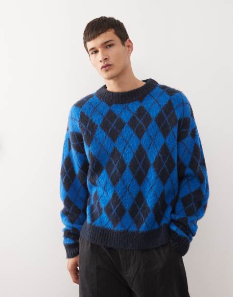 COLLUSION - Pull court en maille à losanges - Bleu - view 1