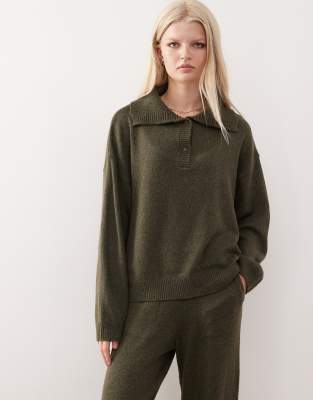 Pull d'ensemble oversize en maille avec col boutonné - Kaki-Vert M