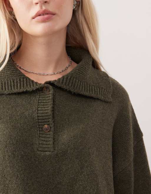 COLLUSION - Pull d'ensemble oversize en maille avec col boutonné - Kaki, 4 de 4