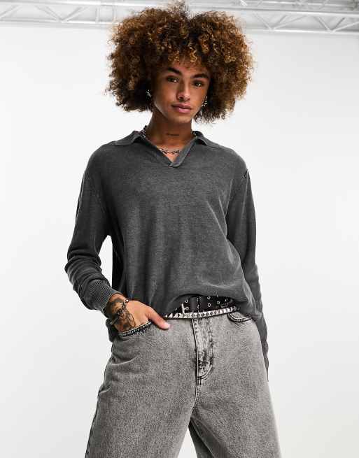 COLLUSION - Pull en maille effet usé avec col polo - Gris délavé