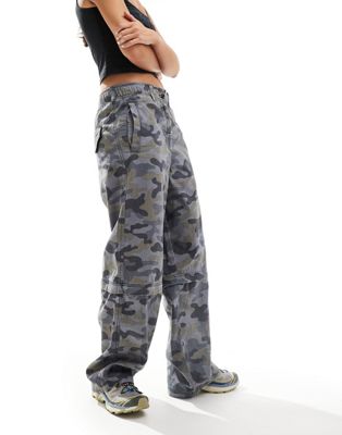 pull on adjustable waist baggy skater pants in camo-Multi