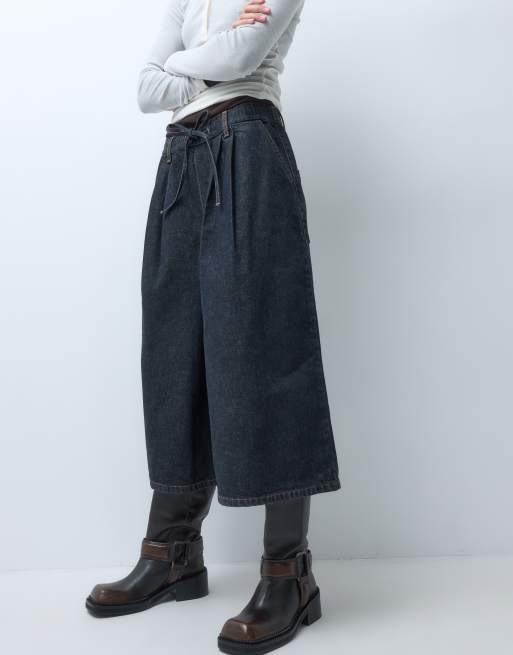 COLLUSION pull on longline jort in black denim, 5 of 5