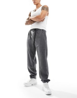 pull on relaxed tailored pants with adjustable waist in charcoal-Gray