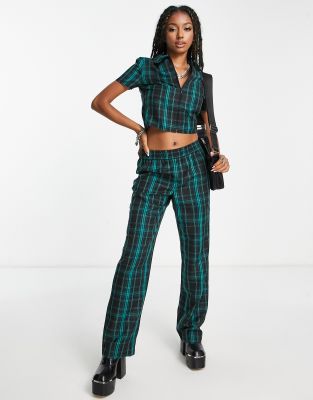 Collusion Pull On Tailored Check Pants In Dark Green - Part Of A Set